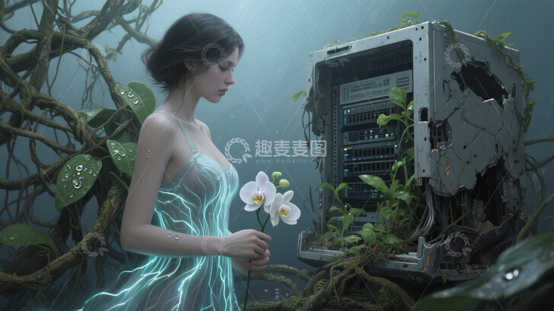 高清大图下载【趣麦麦图】-废墟灵韵的绿光背影