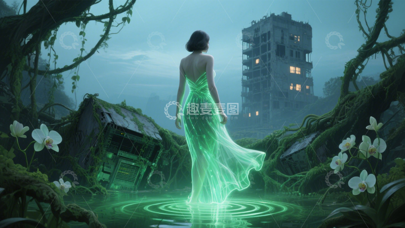 高清大图下载【趣麦麦图】废墟灵韵的绿光背影1