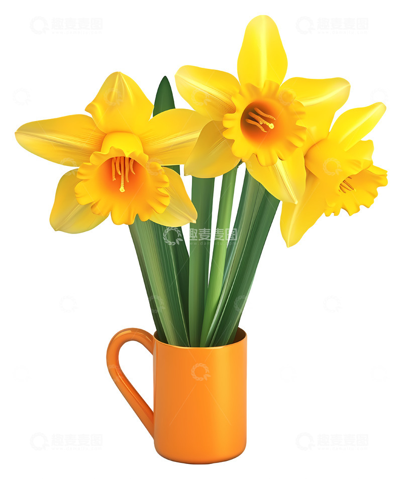 高清大图下载【趣麦麦图】橙色杯子里的明亮水仙花3D插画png素材