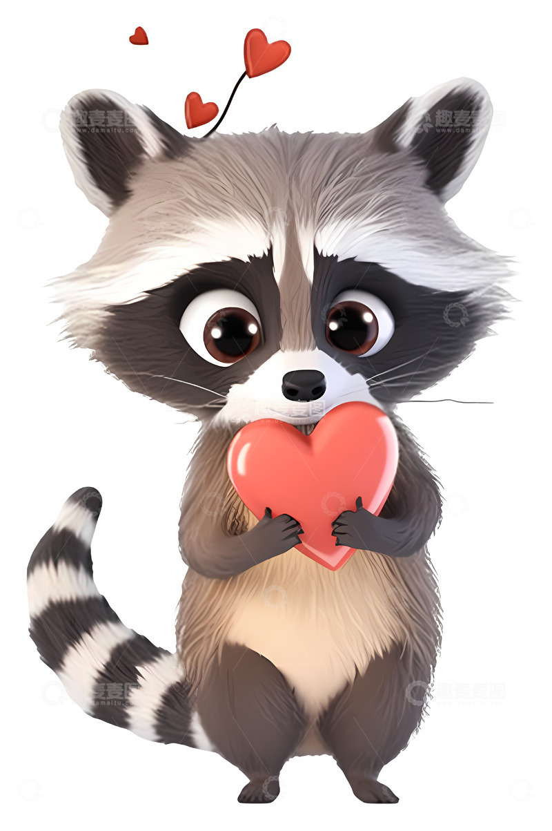 高清大图下载【趣麦麦图】3D浣熊抱着爱心插图3D插画png素材