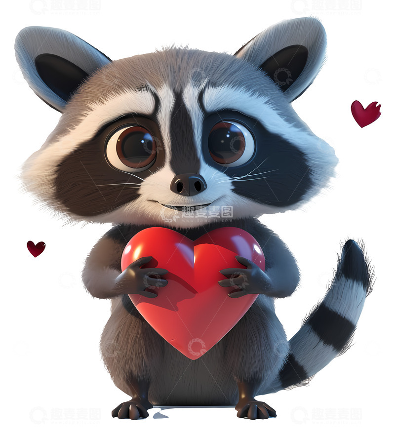 高清大图下载【趣麦麦图】可爱的浣熊抱着爱心3D插画透明png素材3