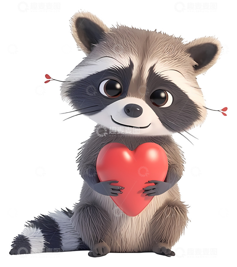 高清大图下载【趣麦麦图】可爱的浣熊抱着爱心3D插画透明png素材4