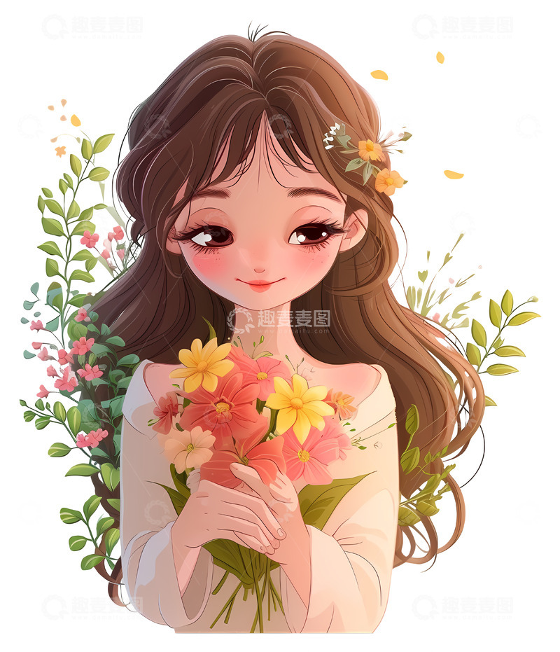 高清大图下载【趣麦麦图】女孩抱着花的插图3D插画透明png素材