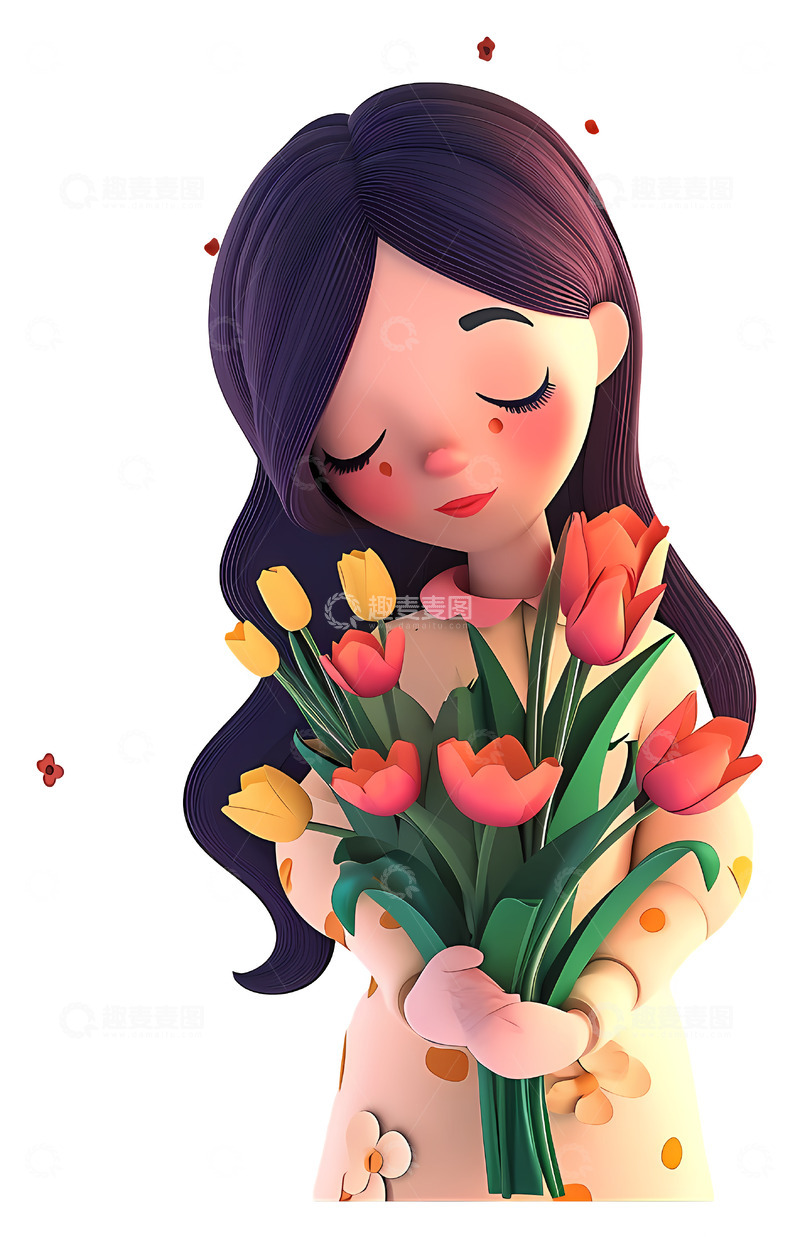 高清大图下载【趣麦麦图】可爱的女孩抱着花3D插画透明png素材