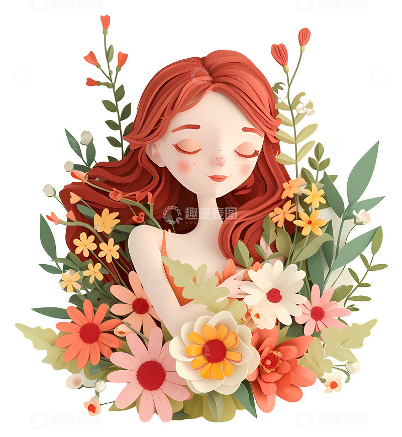 高清大图下载【趣麦麦图】被花围绕的女孩3D卡通插画透明png素材