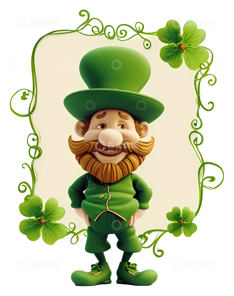 高清大图下载【趣麦麦图】绿色小矮人四叶草框架3D插画png素材