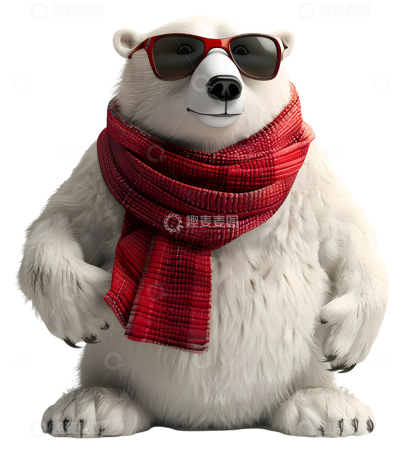 高清大图下载【趣麦麦图】带红色围巾和太阳镜的北极熊插画png素材
