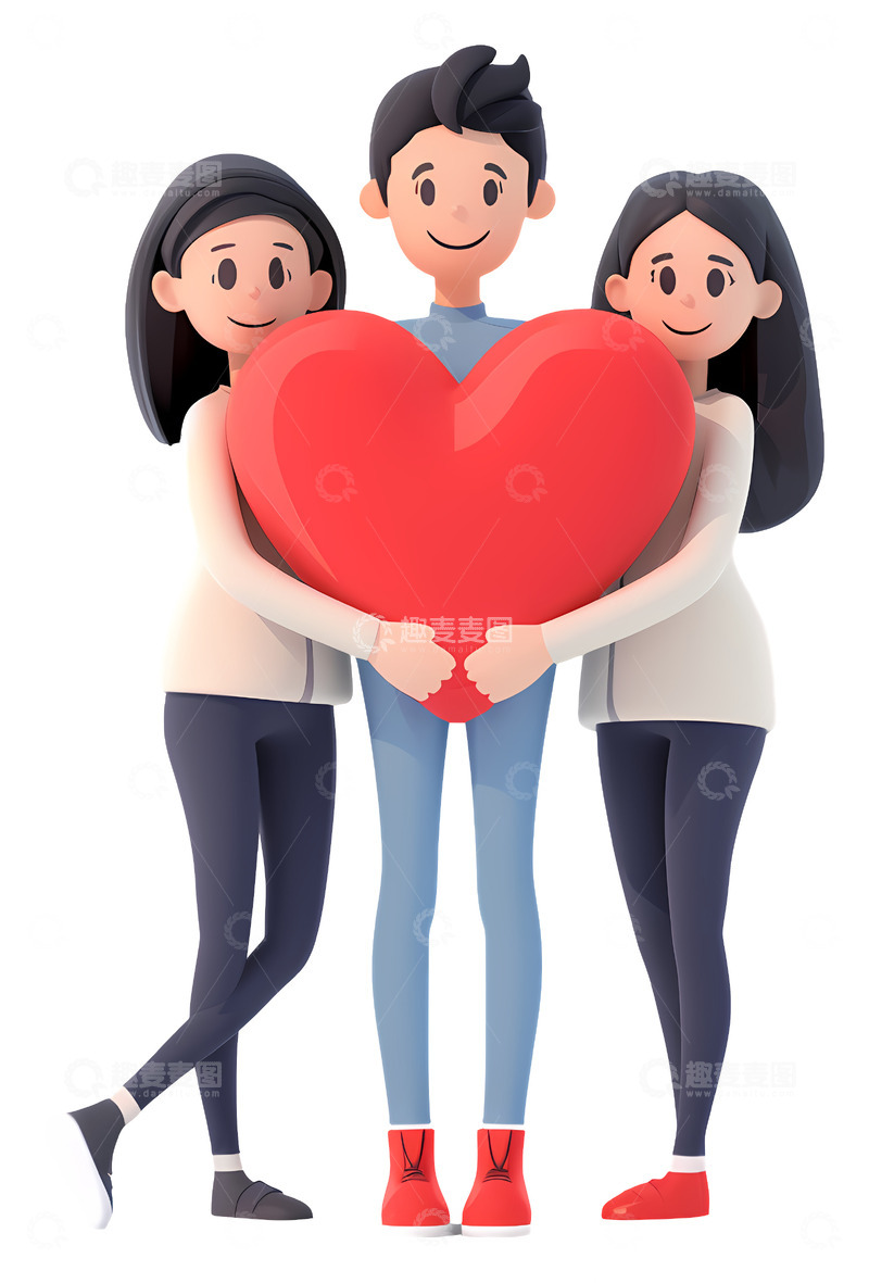 高清大图下载【趣麦麦图】一群人共持爱心3D插画免抠透明png素材