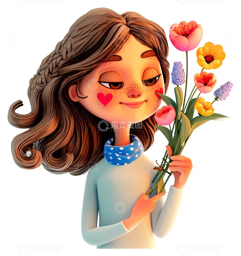 高清大图下载【趣麦麦图】女孩抱着花束3D插画免抠透明png素材2