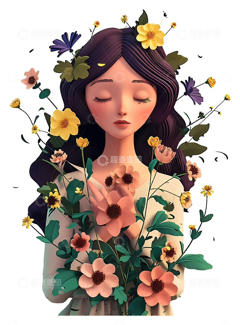 高清大图下载【趣麦麦图】宁静的女孩与花朵相伴3D插画png素材