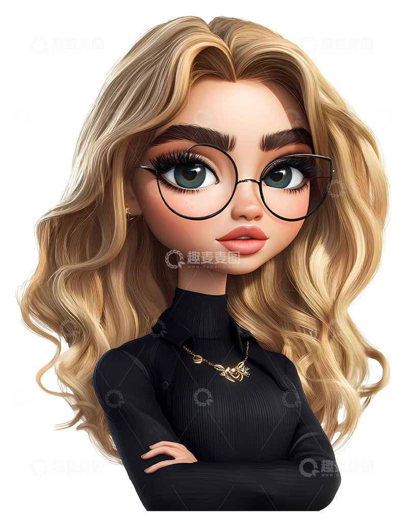 高清大图下载【趣麦麦图】带眼镜和金发的女孩3D插画免抠png素材