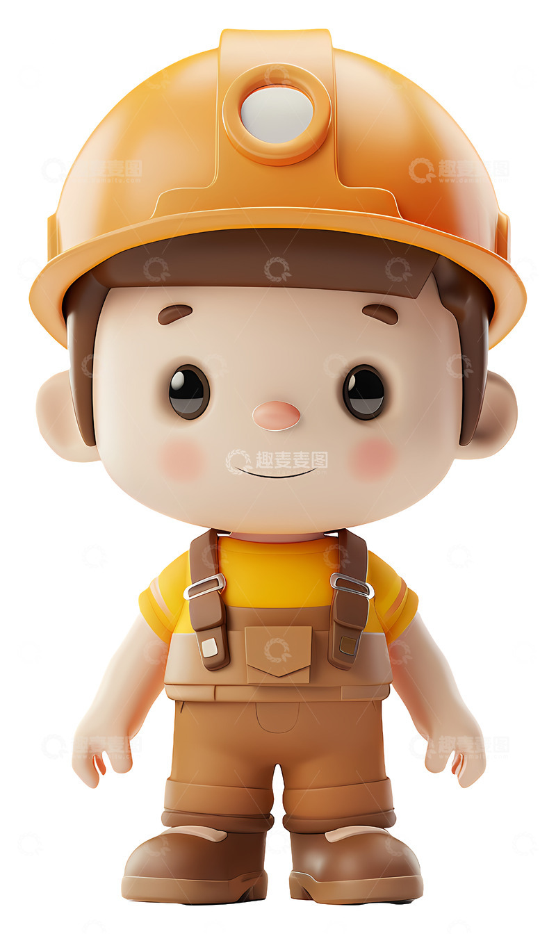 高清大图下载【趣麦麦图】戴安全帽的建筑工人男孩3D插画png素材