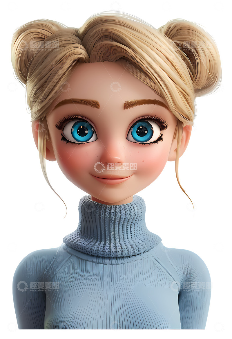 高清大图下载【趣麦麦图】女孩蓝色眼睛和时尚发型3D插画png素材