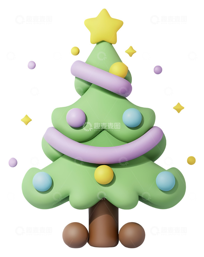 高清大图下载【趣麦麦图】圣诞树的节日装饰3D卡通插画png素材