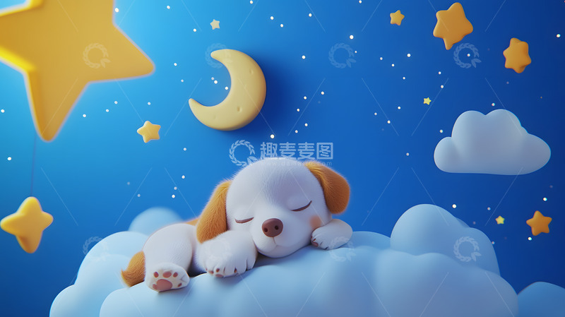 高清大图下载【趣麦麦图】3D云朵上睡觉的卡通小狗2