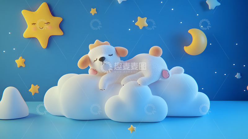 高清大图下载【趣麦麦图】3D云朵上睡觉的卡通小狗
