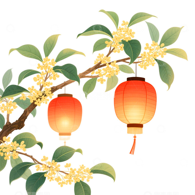 高清大图下载【趣麦麦图】卡通手绘中国灯笼和桂花1