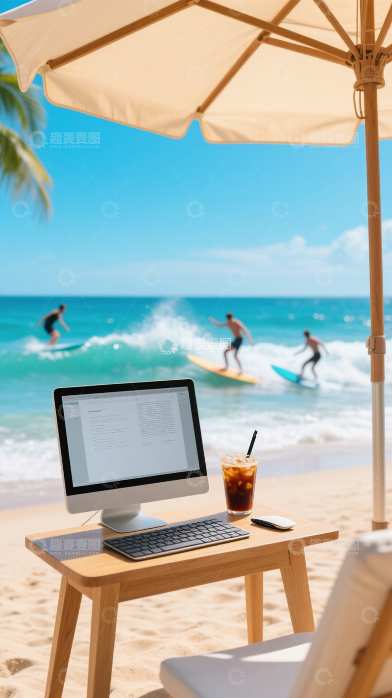 高清大图下载【趣麦麦图】海滩办公自由惬意