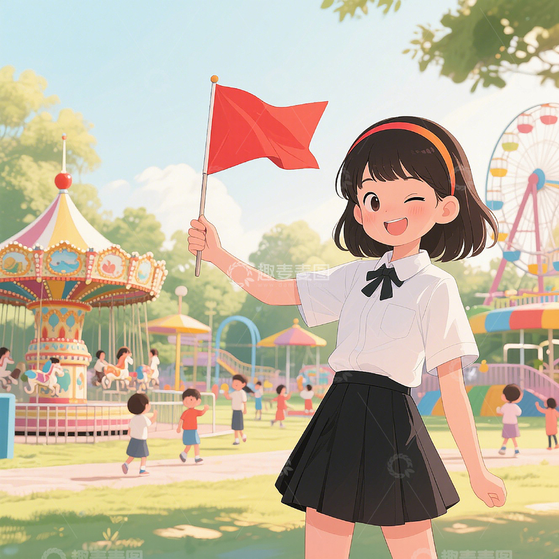 高清大图下载【趣麦麦图】游乐园里举红旗女孩的插画瞬间