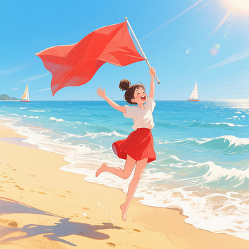 海滩红旗下少女逐浪的插画故事