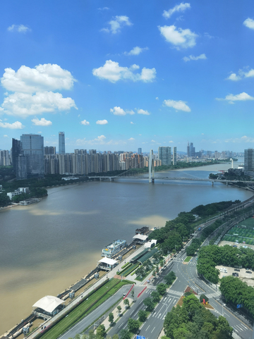 晴朗蓝天，城市江景与跨江大桥全景