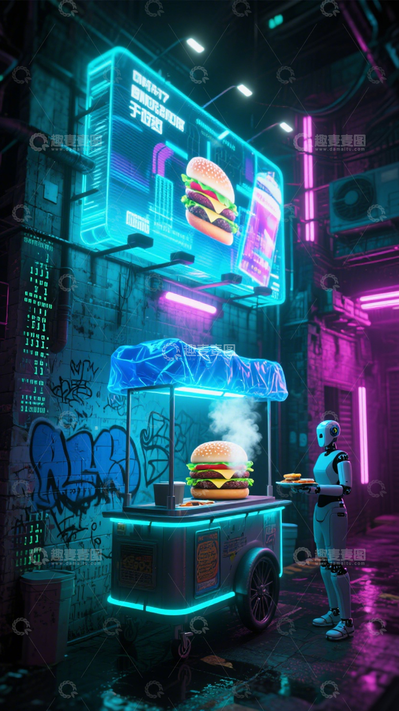 高清大图下载【趣麦麦图】赛博街头汉堡摊3