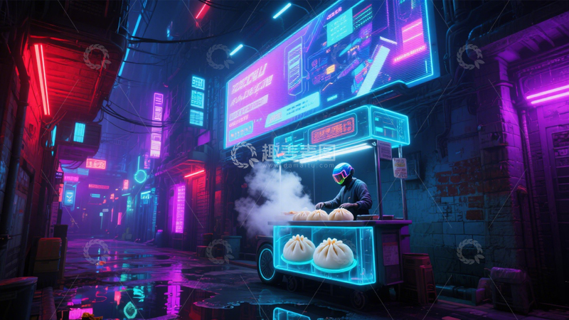 高清大图下载【趣麦麦图】赛博街头汉堡摊1