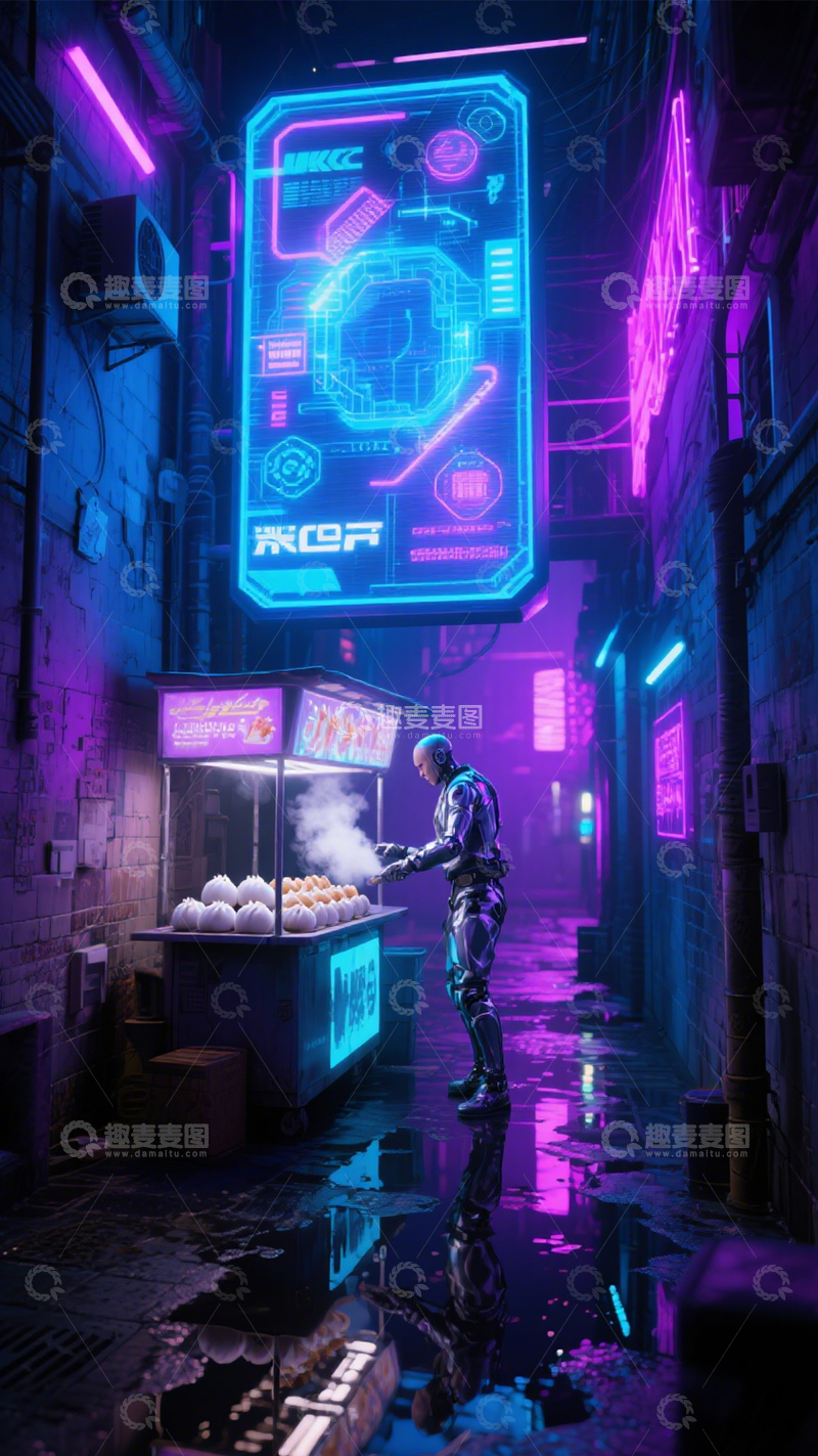 高清大图下载【趣麦麦图】赛博街头汉堡摊