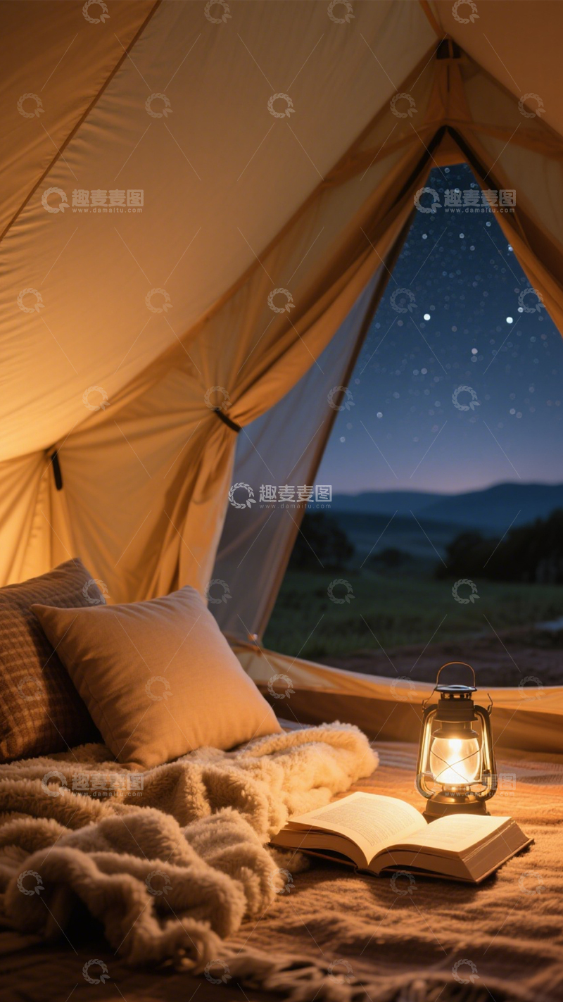 高清大图下载【趣麦麦图】露营帐篷夜读宁静