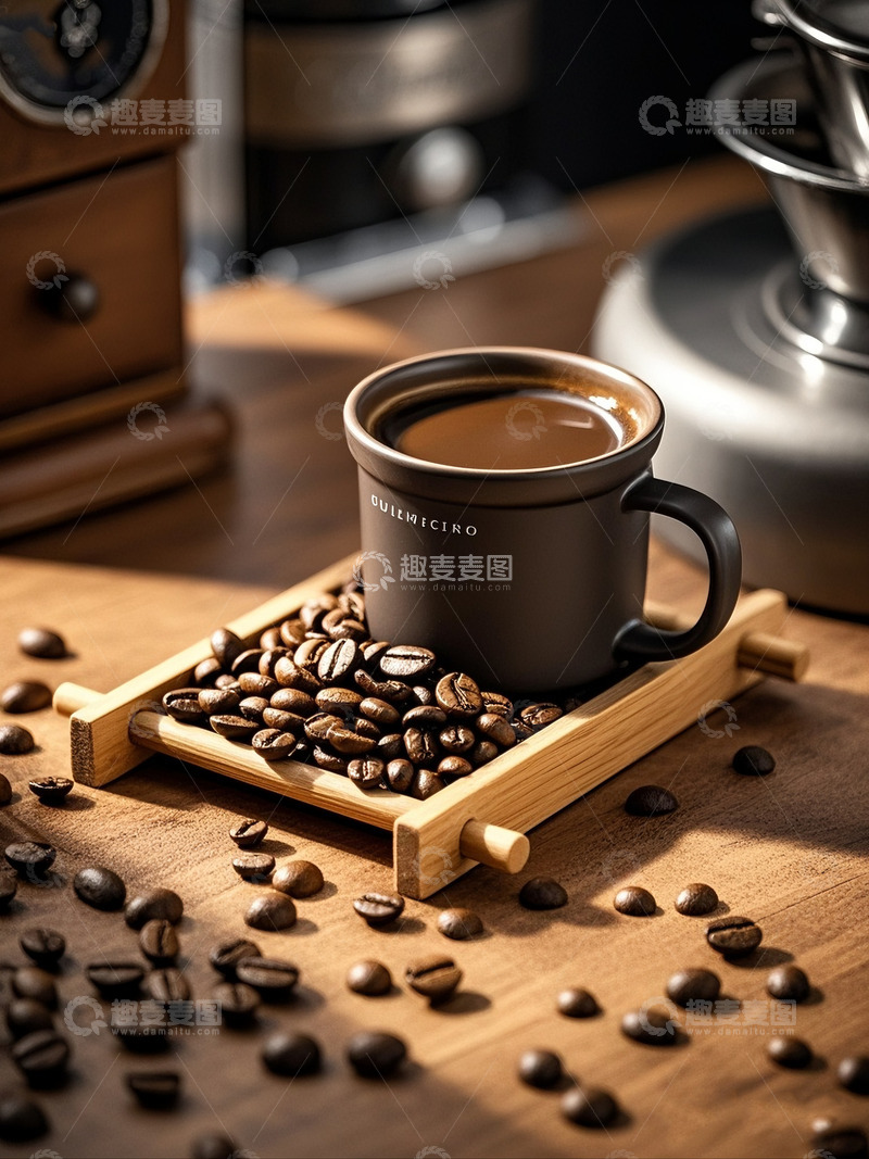 高清大图下载【趣麦麦图】木盘上的咖啡杯与咖啡豆