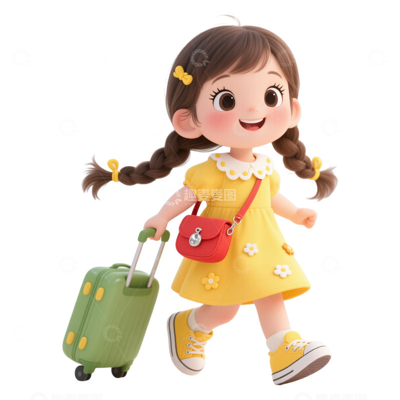 高清大图下载【趣麦麦图】卡通手绘可爱女孩拉着行李箱旅行4