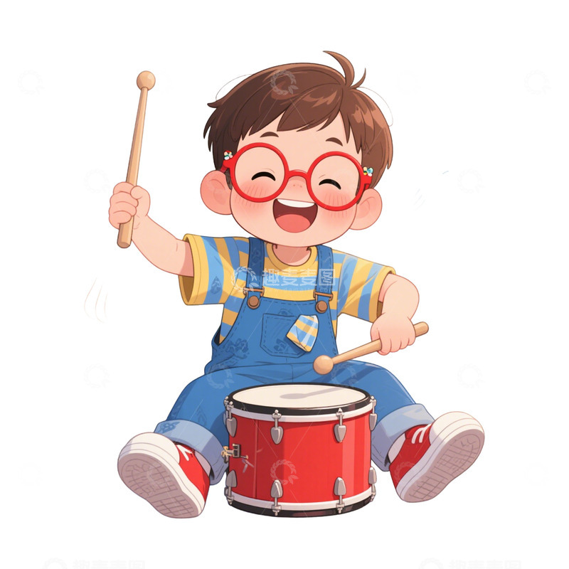 高清大图下载【趣麦麦图】卡通手绘可爱打鼓的男孩