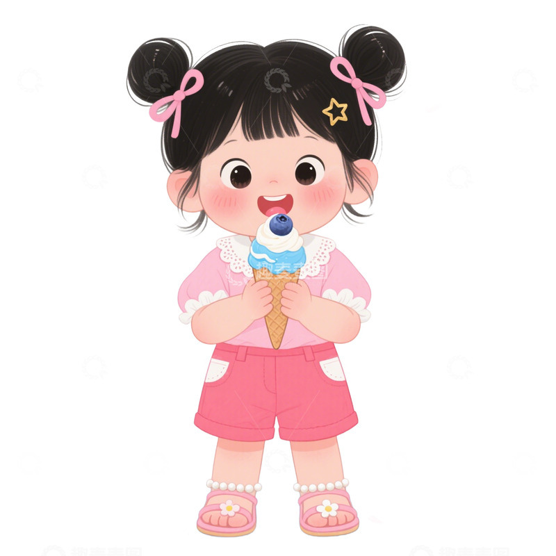 高清大图下载【趣麦麦图】卡通手绘可爱女孩吃冰淇淋