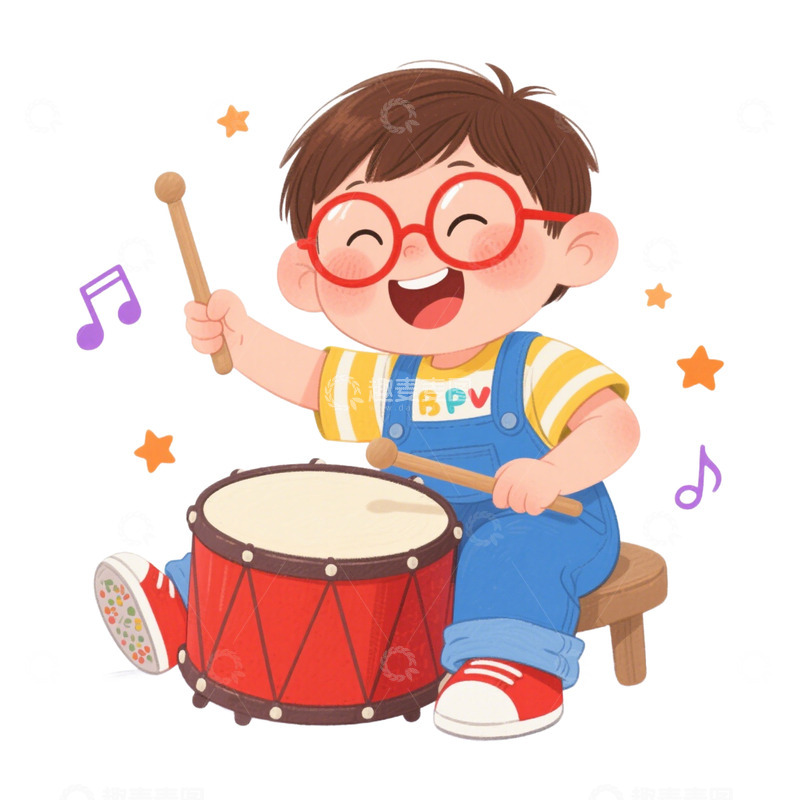 高清大图下载【趣麦麦图】卡通手绘可爱打鼓的男孩1