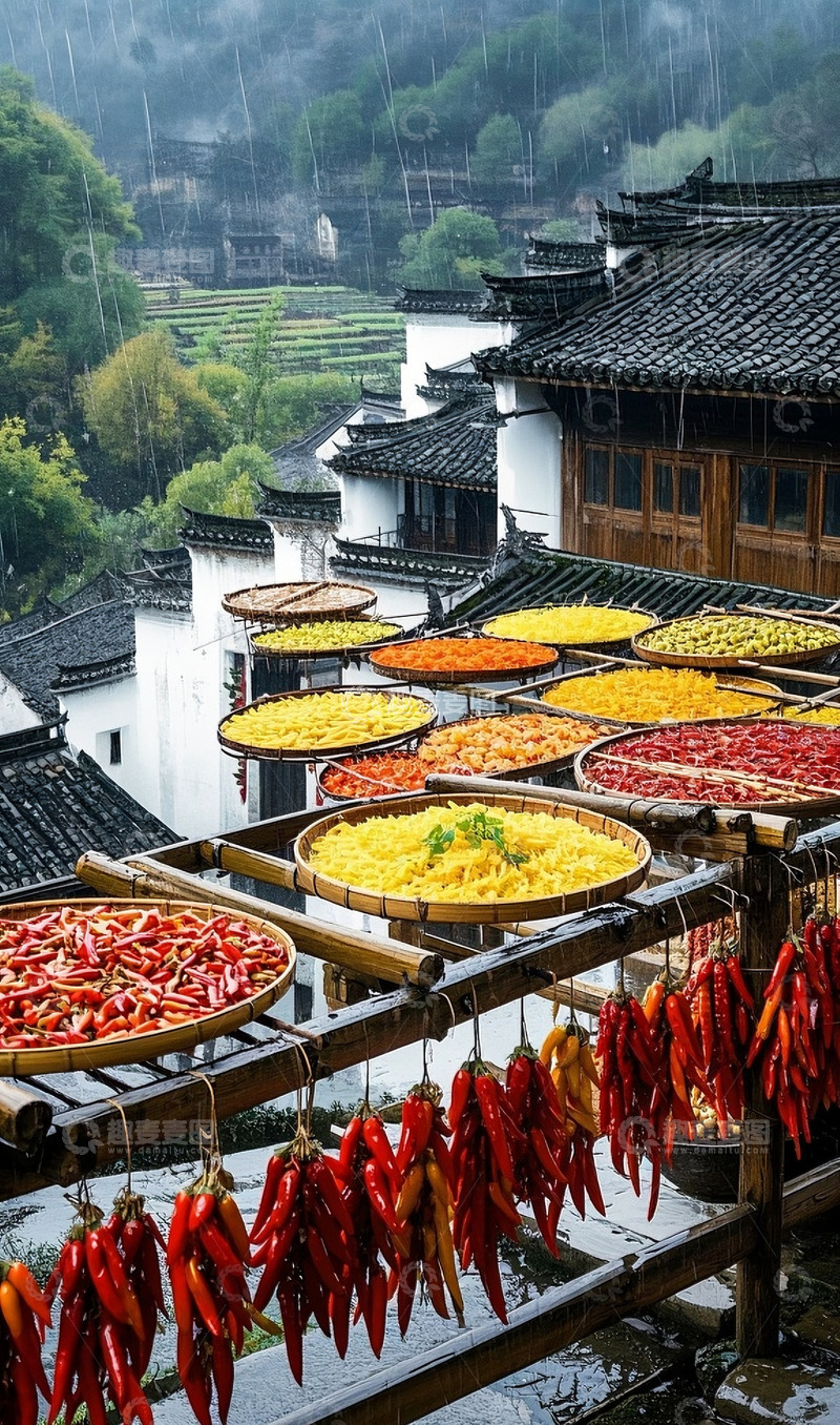 高清大图下载【趣麦麦图】雨中村落的多彩丰收景象1