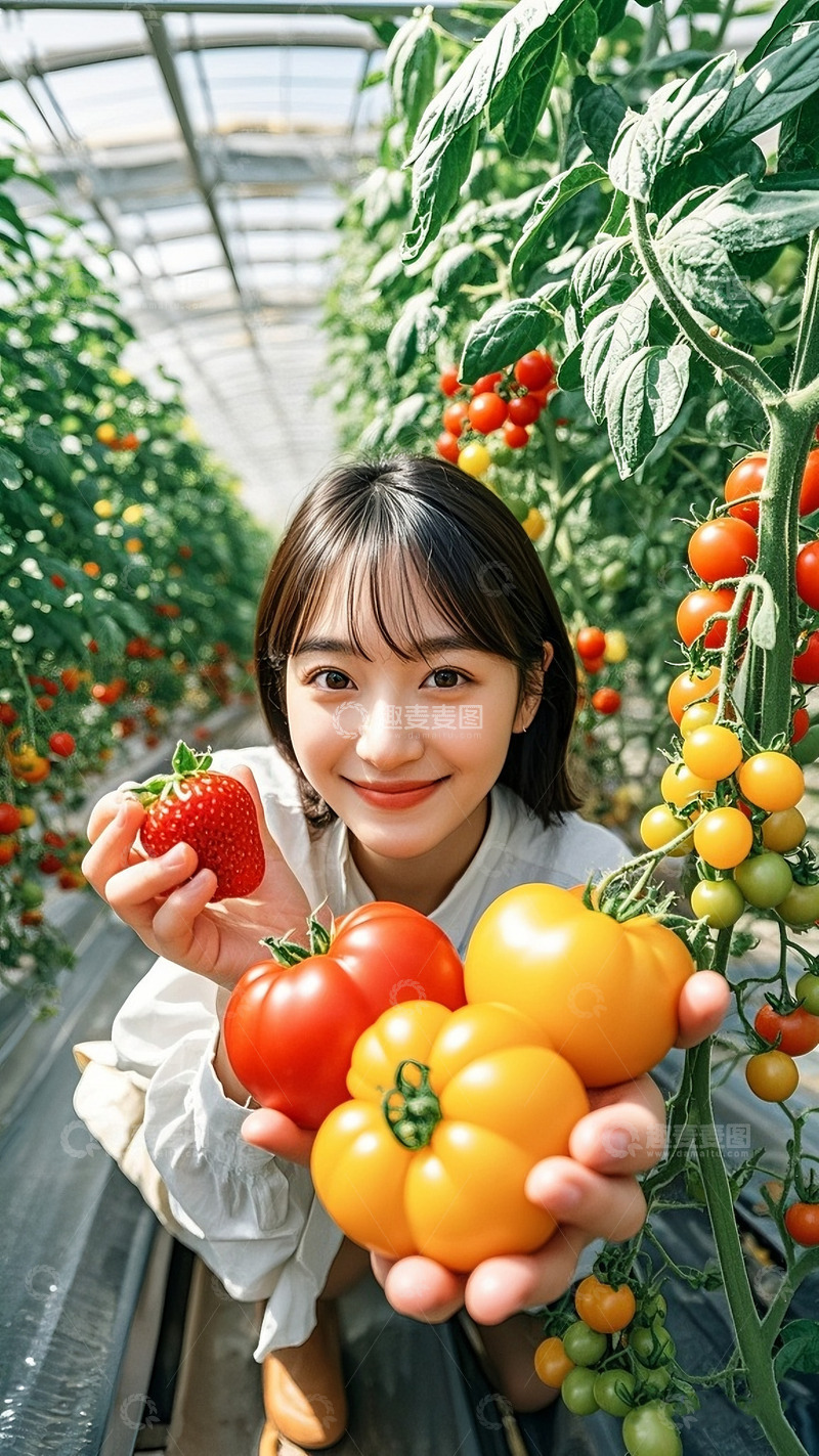 高清大图下载【趣麦麦图】温室中手持果蔬的青春女孩