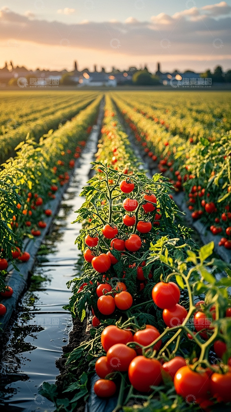 高清大图下载【趣麦麦图】夕阳下的番茄种植农田