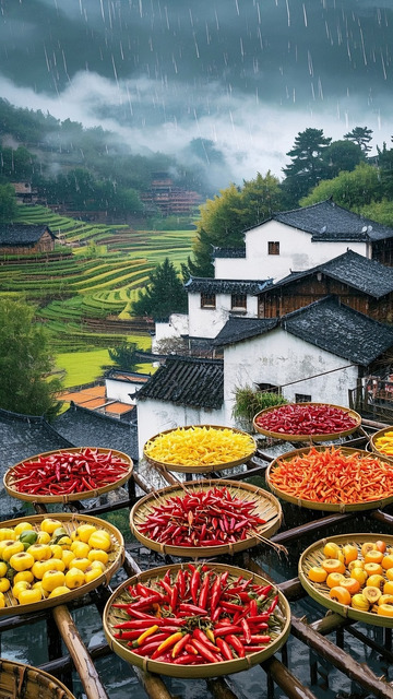 雨中村落的多彩丰收景象