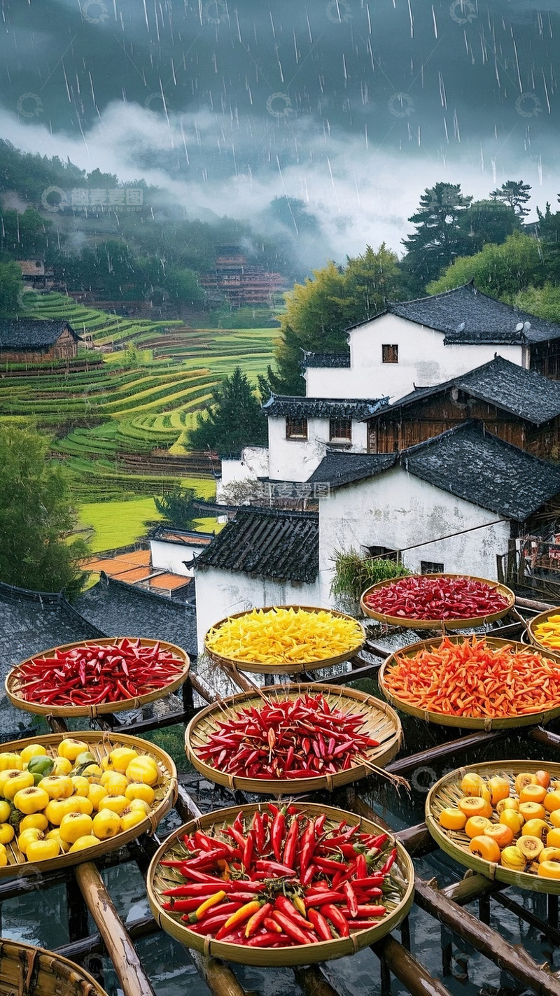 高清大图下载【趣麦麦图】雨中村落的多彩丰收景象