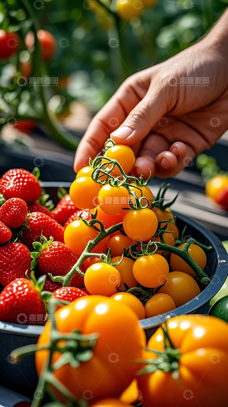 高清大图下载【趣麦麦图】手摘多彩小番茄与草莓