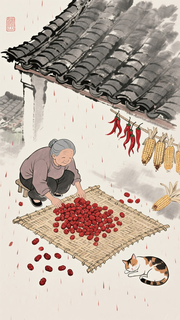 雨中老人与猫的农家生活1