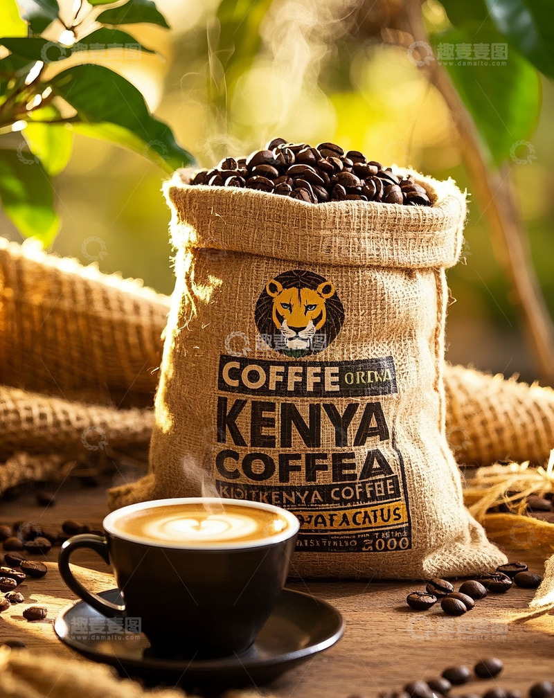 高清大图下载【趣麦麦图】肯尼亚咖啡豆与现磨咖啡杯