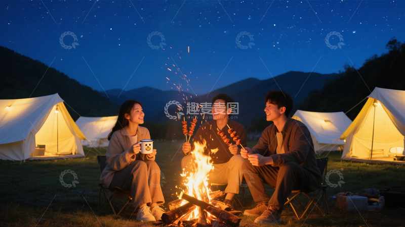 高清大图下载【趣麦麦图】星空露营篝火自然