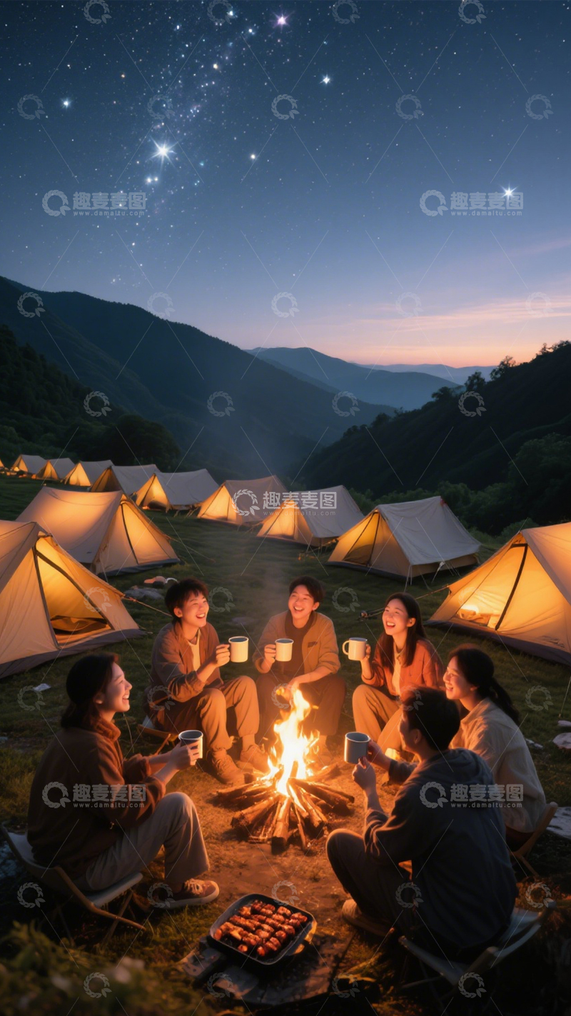 高清大图下载【趣麦麦图】星空露营篝火自然1
