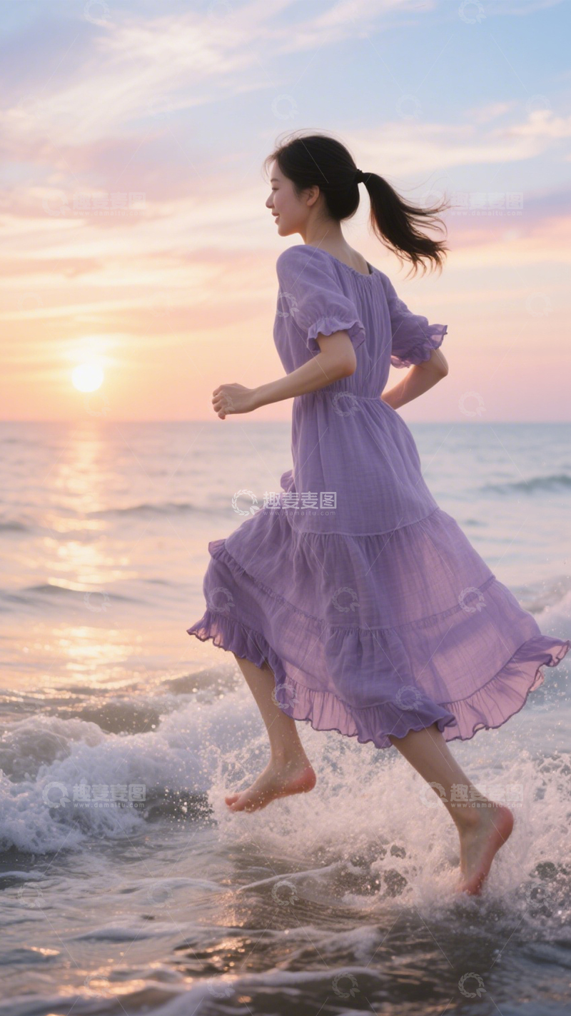 高清大图下载【趣麦麦图】海边长裙浪漫夕阳3