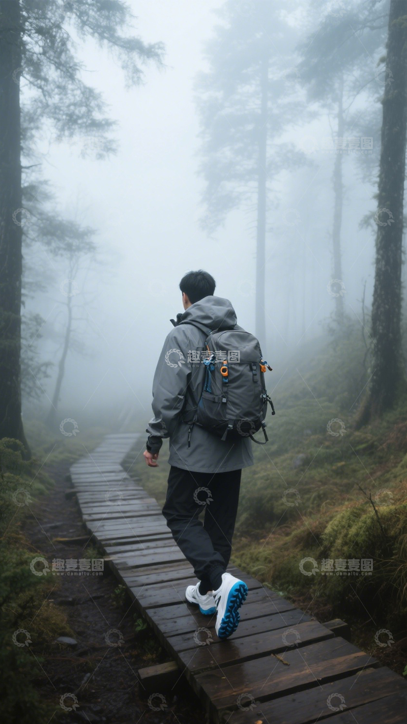 高清大图下载【趣麦麦图】雾林徒步探索自然