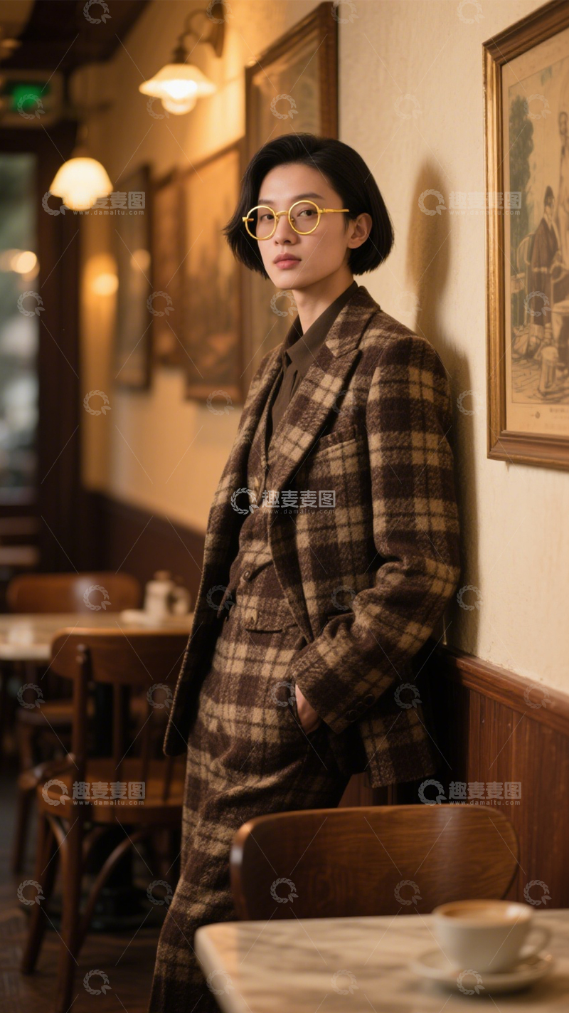 高清大图下载【趣麦麦图】格纹西装复古时尚