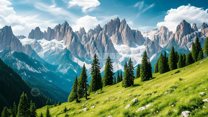 高清大图下载【趣麦麦图】草坡松林与巍峨雪山