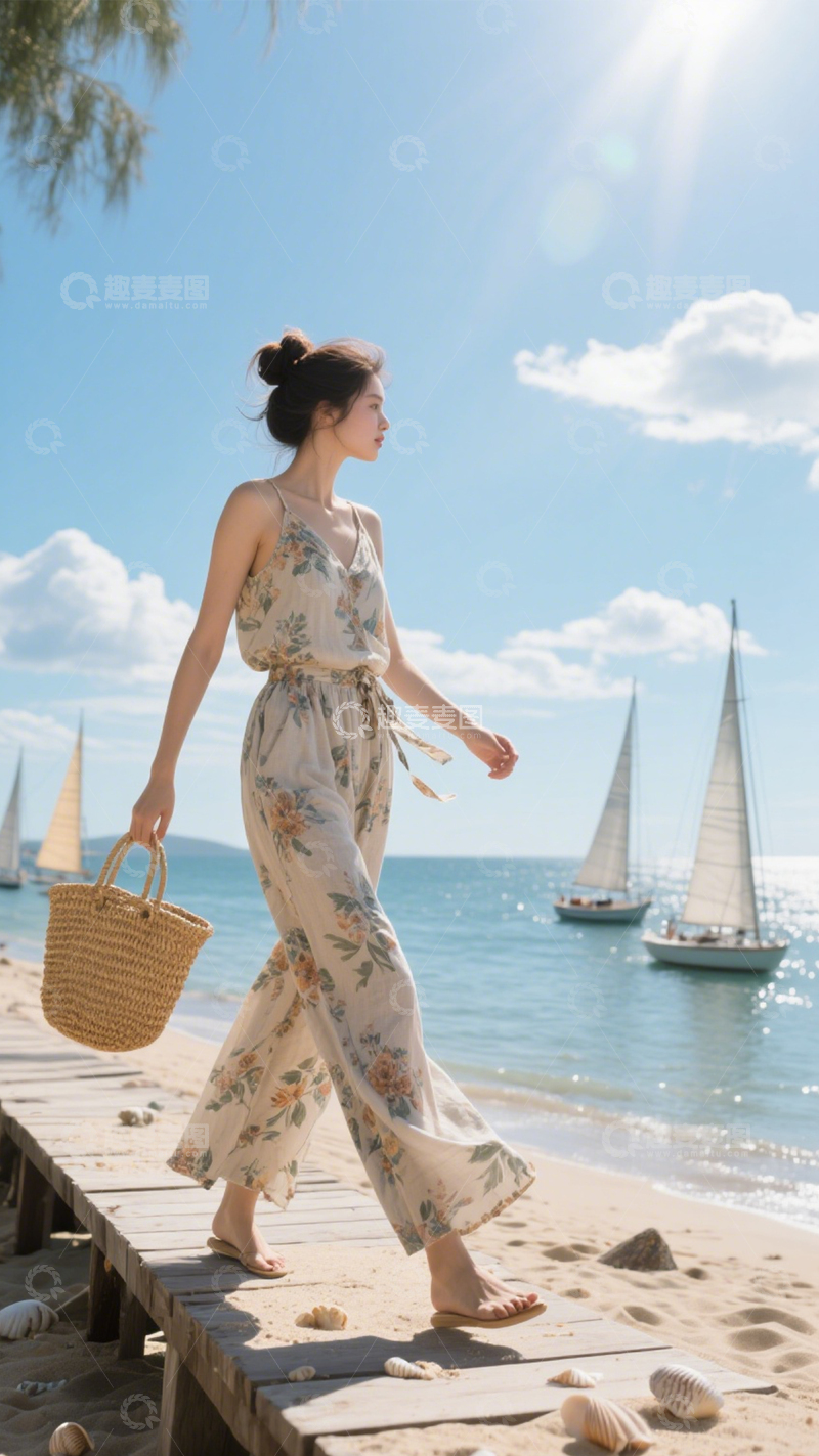 高清大图下载【趣麦麦图】海边度假碎花长裙2