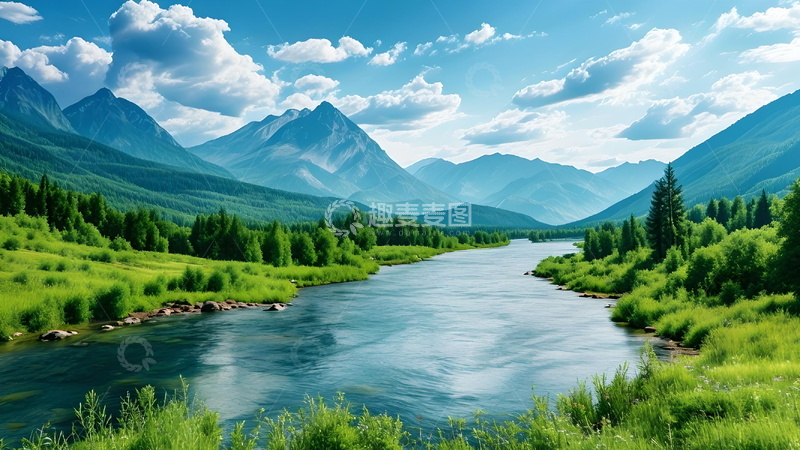 高清大图下载【趣麦麦图】蓝天白云青山绿水间的宁静河流